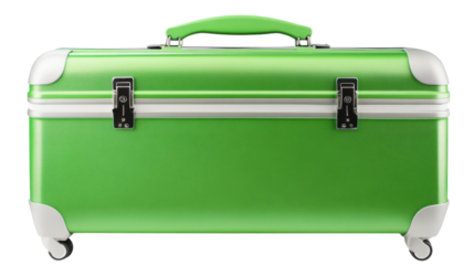 Green suitcase with wheels on transparent background representing travel and vacation