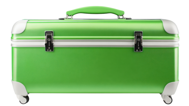 Green suitcase with wheels on transparent background representing travel and vacation