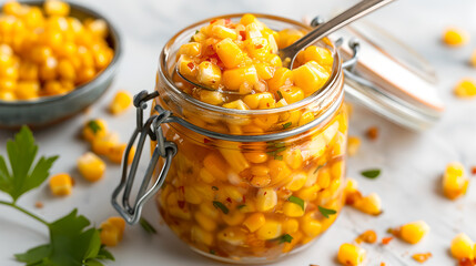 Delicious corn relish in jar, vibrant and tangy with seasoning