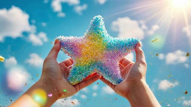 Hands hold sparkly rainbow star against bright blue sky and sunshine Happy Cinco de mayo