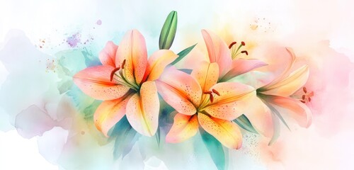 Soft watercolor lilies, botanical bouquet with vibrant paint textures, horizontal banner illustration.