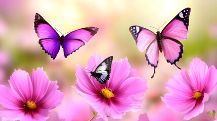 Fototapeta premium Pink Butterflies Dancing Among Cosmos Flowers