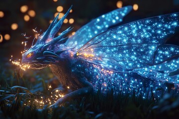 Luminous Dragon With Gossamer Wings In Night Garden