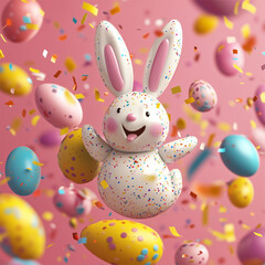 Obraz premium Happy Easter Bunny with Colorful Eggs and Confetti Celebration
