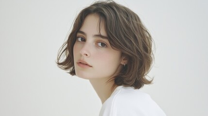 Fototapeta premium Captivating portrait of a young woman studio photography minimalistic side view beauty and style