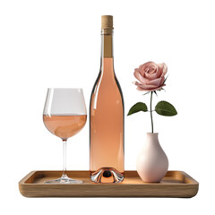 A wooden tray holds a bottle of rose wine, a glass of rose, and a single pink rose in a vase.