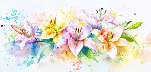 Soft watercolor lily flowers and splashes, botanical bouquet in vibrant paint textures, horizontal banner.