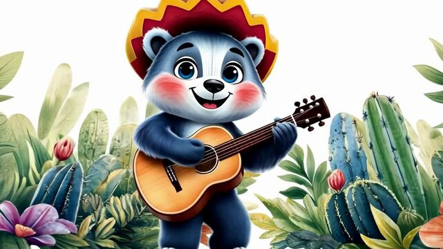 Cute blue bear playing guitar amid vibrant floral and cactus border art Happy Cinco de mayo