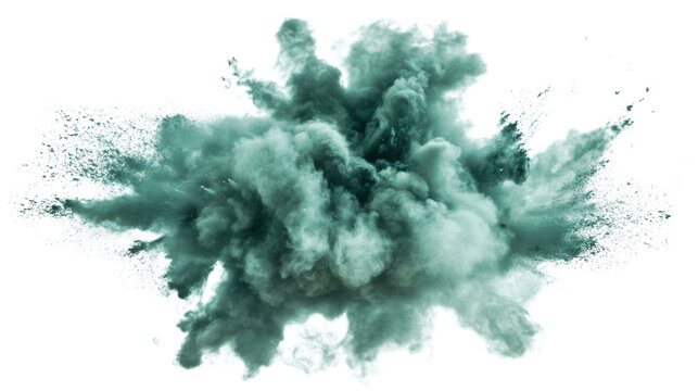 Green powder explosion creating a stunning cloud on transparent background