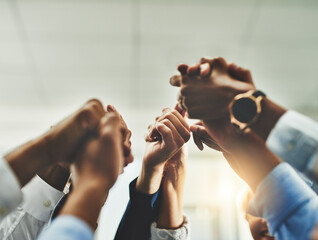 Business people, holding hands and circle of trust in office, united and together for...