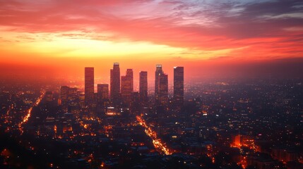 Fototapeta premium Sunset cityscape, downtown skyline, fiery sky, urban sprawl, night lights, aerial view, travel, advertisement