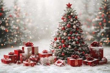 Christmas Tree with Gifts on White Background, Ultra-realistic 3D Rendering Highlighting Fine Details and Professional Color Grading