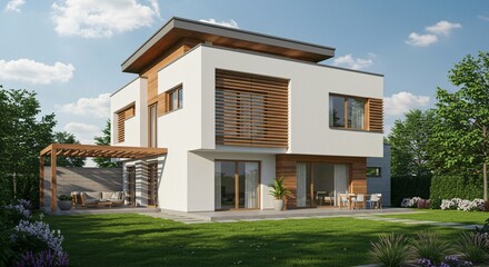 Fototapeta premium A modern two-story house with a sleek design, featuring wood and white finishes, large windows, a pergola, a patio, and a lush green garden under a clear blue sky.