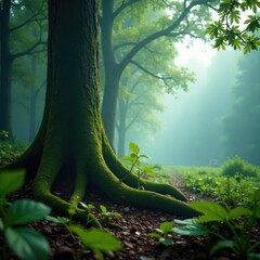 Naklejka premium Hornbeam roots peek out from the misty undergrowth, eerie, landscape, mist
