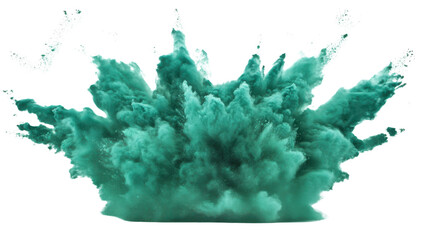 Green powder exploding creating a colorful cloud on transparent background