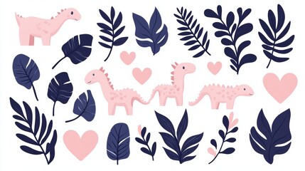Pink Dinosaurs and Tropical Leaves Design Elements