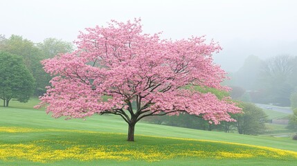 Pink Dogwood Tree in Misty Spring Meadow