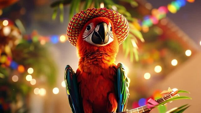 Festive parrot celebrating with guitar and colorful hat in tropical setting Happy Cinco de mayo