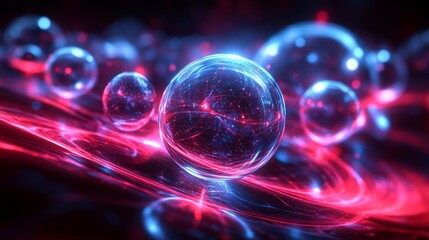 Abstract translucent spheres with glowing lines, 3d render, Generative AI