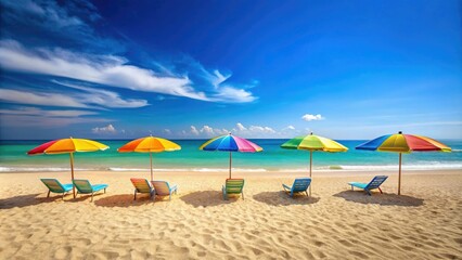 Fototapeta premium Idyllic beach scene with golden sand, colorful beach umbrellas, and a clear blue sky, beach scenery, palm trees, seagulls