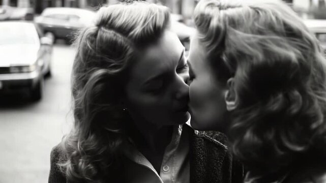 young attractive lesbian couple kissing in the street in 1950s. Retro monochromatic vintage