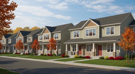 A row of modern suburban townhouses with porches, autumn trees, and a clear blue sky, creating a cozy and welcoming neighborhood atmosphere.