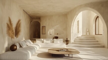 A Serene, Minimalist Living Room Bathed In Warm, Natural Light, Featuring A Neutral Color Palette And Organic Textures. The Space Evokes A Sense Of Calm And Tranquility.