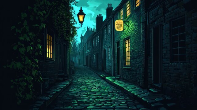 Nighttime cobblestone street, quaint town, moonlit alley, pub, game background