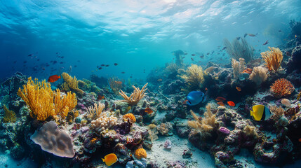 Naklejka premium Secluded Coral Garden with Colorful Fish, Sea Stars, Vibrant Corals, and Soft Light Filtering Through Water, Illuminating Rich Textures and Diverse Marine Life