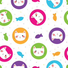 Cats seamless pattern vector design. Cute white cat head with funny faces in colorful circle and small fishes isolated in white background. Pattern template for wrapping paper, fabric or wallpaper