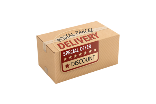A cardboard box with bold Special Offer and Discount delivery labels, symbolizing convenience, promotions, and online shopping, isolated on a transparent background
