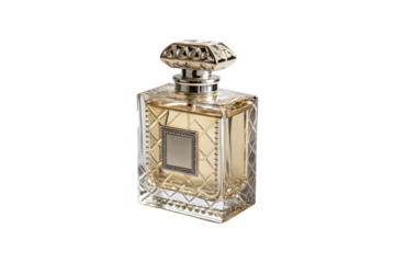 A chic rectangular perfume bottle with crisscrossed silver details and a prominent cap. Exudes luxury with its golden fluid within, isolated on a transparent background