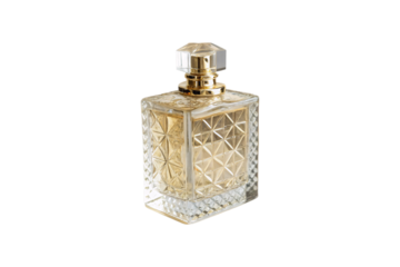 A clear diamond-patterned glass bottle with gold accents and a rectangular shape. The liquid inside shimmers with subtle golden hues, isolated on a transparent background