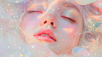 close-up of the face, beautiful kawaii pastel dream art with iridescent glitter and shimmering rainbow reflections, a woman floating in space with closed eyes, pastels and pinks