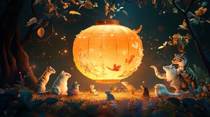 Enchanted Gathering: A luminous lantern casts a warm glow on a magical gathering of fantastical creatures in a whimsical forest. The lantern.