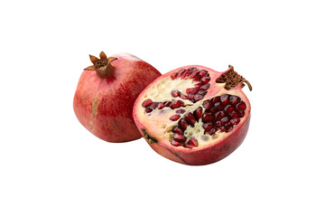 A full pomegranate beside a sliced half, revealing luscious seeds inside. Contrasts the rough exterior and juicy interior beautifully, isolated on a transparent background