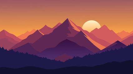 An illustration depicting mountains and trees silhouetted against a vibrant sunset sky flat vector illustration