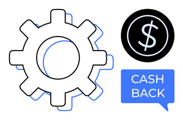 Gear with dollar sign and Cash Back speech bubble represent financial efficiency, operational processes. Ideal for finance, banking rewards, efficiency, transactions, cashback benefits, systems