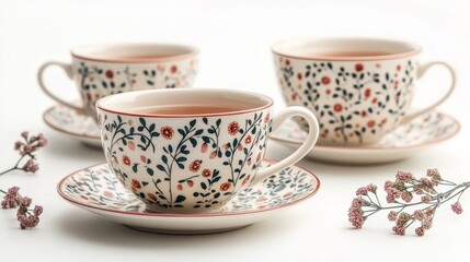 A set of Ramadan-themed tea cups with delicate floral patterns, isolated on a white background.