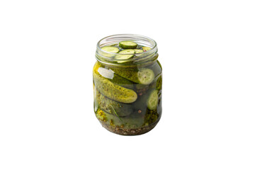 A jar containing whole and sliced cucumbers, with spices and brine creating a vibrant display of greens and textures, isolated on a transparent background