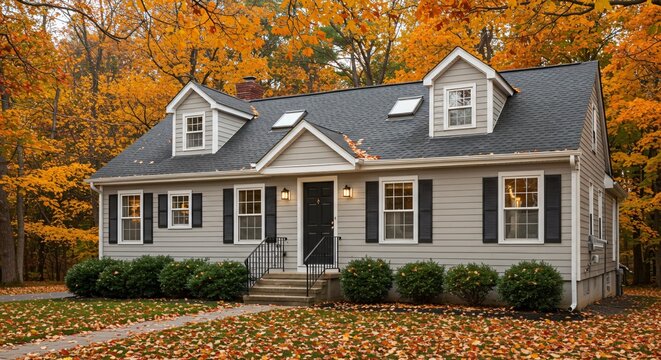 A cozy suburban house with gray siding, black shutters, and a dark roof, surrounded by vibrant autumn foliage and fallen leaves, creating a warm and inviting fall atmosphere.