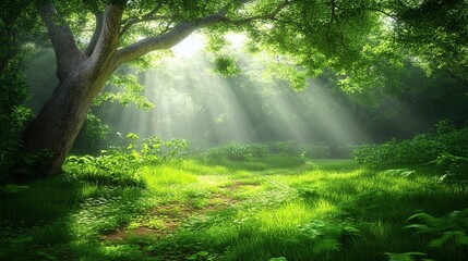 Fototapeta premium Sunbeams through forest canopy, path, nature scene, peaceful background, eco-design