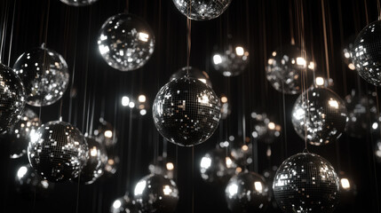 An atmospheric scene of clustered silver disco ball balloons gently floating, their mirrored surfaces catching delicate glows from surrounding light sources
