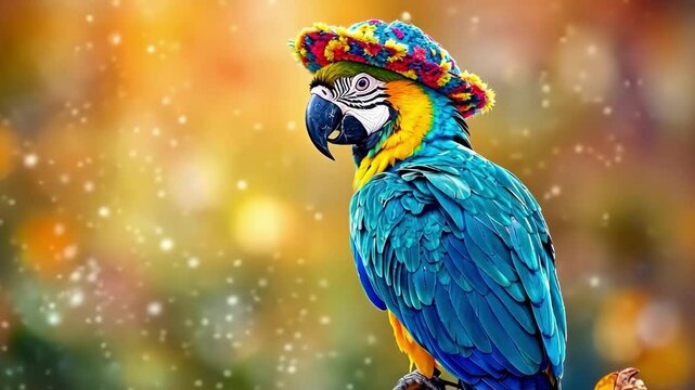 Colorful parrot with hat perched on branch against vibrant background Happy Cinco de mayo