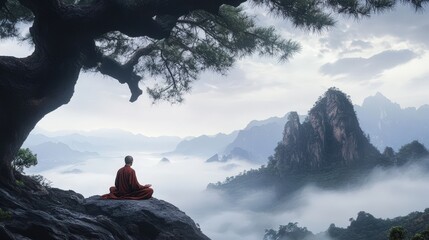 Monk Contemplating Misty Mountains: A serene monk sits in meditation on a mountaintop, overlooking a breathtaking vista of misty mountains and valleys. The image evokes a sense of peace, tranquility.