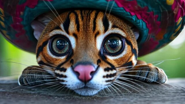 Adorable baby ocelot wearing colorful hat on stone surface in lush greenery Happy Cinco de mayo