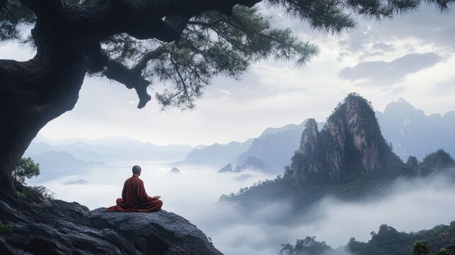 Monk Contemplating Misty Mountains: A serene monk sits in meditation on a mountaintop, overlooking a breathtaking vista of misty mountains and valleys. The image evokes a sense of peace, tranquility. - Powered by Adobe