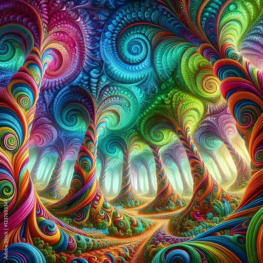 Wall mural a psychedelic forest, where the trees bend and swirl into fractal patterns, their leaves morphing in