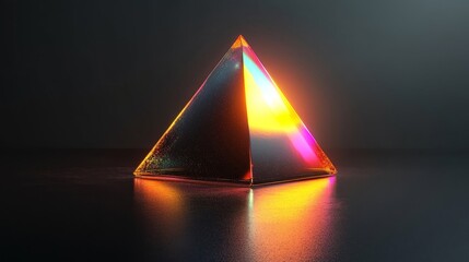 Iridescent prism-like shape on a black reflective surface, 3d render, Generative AI