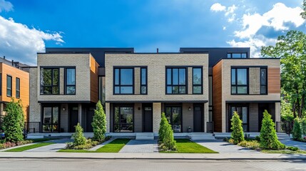 Fototapeta premium Modern Townhouses Bask In Sunny Day, Showcasing Clean Lines And Luxurious Design. Landscaping Complements The Contemporary Architecture.